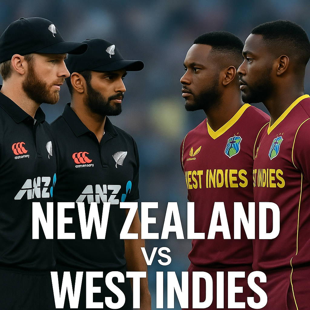New Zealand and West Indies cricket players facing each other on the field in a match graphic with team names displayed.