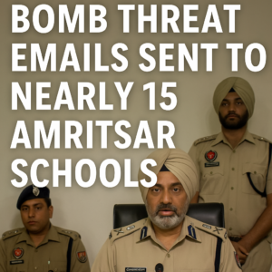 A press conference with Amritsar police officials, including the Commissioner, addressing the media about bomb threat emails received by multiple schools.
