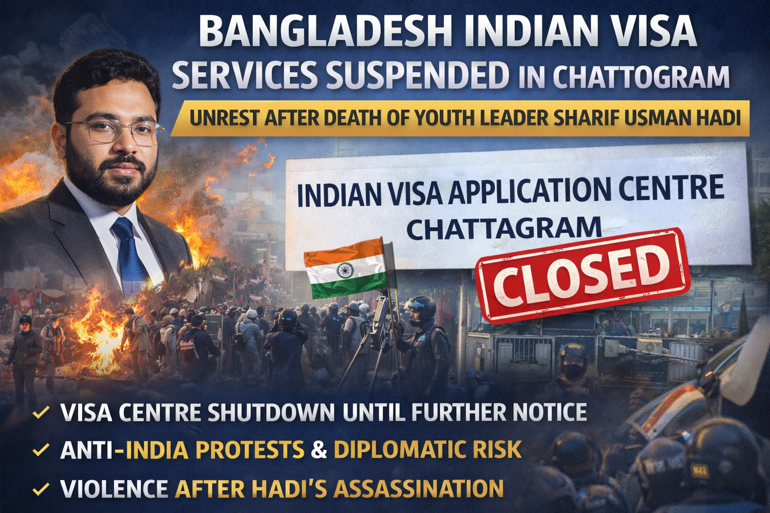 Bangladesh Indian Visa Centre Suspended in Chattogram After Sharif Usman Hadi’s Death
