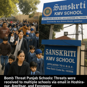 Students, parents, and staff evacuating Sanskriti KMV School in Jalandhar after a bomb threat alert in Punjab schools.