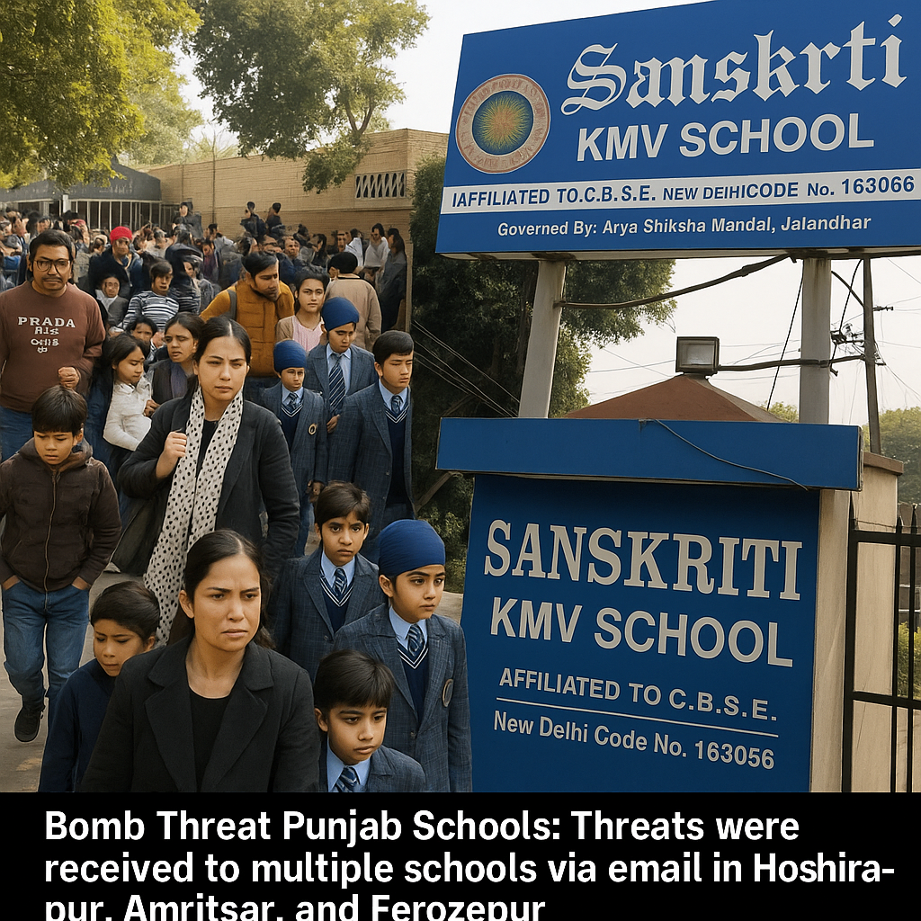 Students, parents, and staff evacuating Sanskriti KMV School in Jalandhar after a bomb threat alert in Punjab schools.