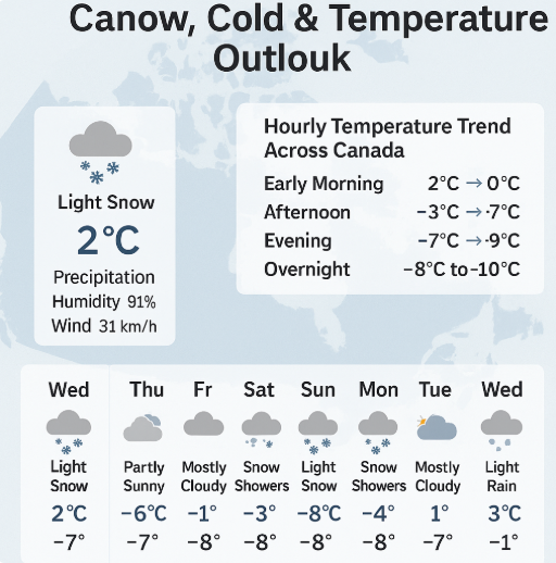 Canada Weekly Weather Forecast infographic showing light snow, cold temperatures, hourly temperature trend, and a 7-day outlook with snow showers and light rain.