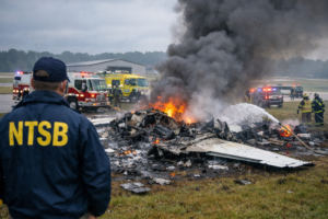 Firefighters work to extinguish flames at Cessna C550 plane crash site near Statesville Regional Airport in North Carolina