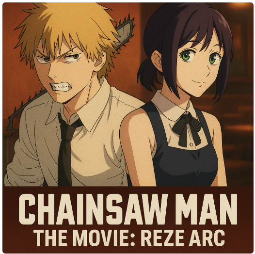 Denji and Reze sitting together in the official Chainsaw Man: Reze Arc movie poster, anime-style illustration.
