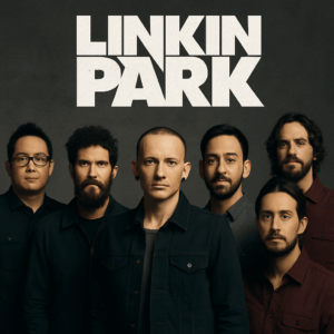 Linkin Park band members standing together in a studio portrait, featuring Chester Bennington, Mike Shinoda, Brad Delson, Rob Bourdon, Joe Hahn, and Dave Farrell with the Linkin Park logo above them.