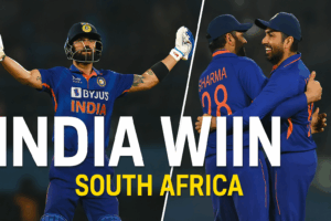 Image showing Indian cricket players celebrating a victory against South Africa. Virat Kohli raises his arms in triumph on the left, while Rohit Sharma and another teammate hug joyfully on the right. Bold text reads “INDIA WIN SOUTH AFRICA.”