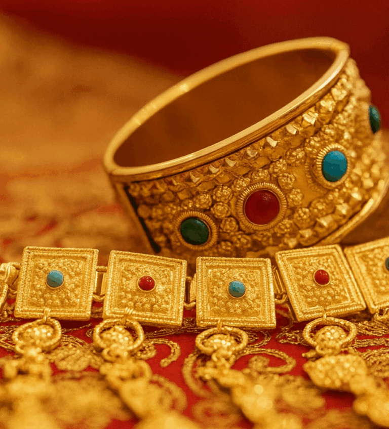 Close-up of traditional gold jewelry featuring an ornate bangle and square-linked necklace with red and turquoise gemstones on a decorative red fabric background.