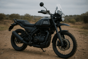Matte black Royal Enfield Himalayan 450 motorcycle parked on a rugged dirt trail with a natural landscape backdrop.