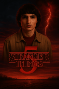 Stranger Things Season 5 poster featuring a dramatic portrait of Mike Wheeler against a red stormy sky with lightning, dark atmosphere, and bold red series logo.