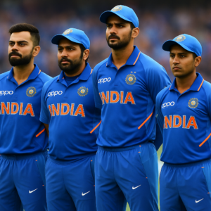 Four Indian cricket team players in blue jerseys standing side by side on the field before a match.
