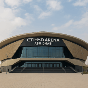 Front view of Etihad Arena in Abu Dhabi, showing its modern architectural design and wide entrance plaza.