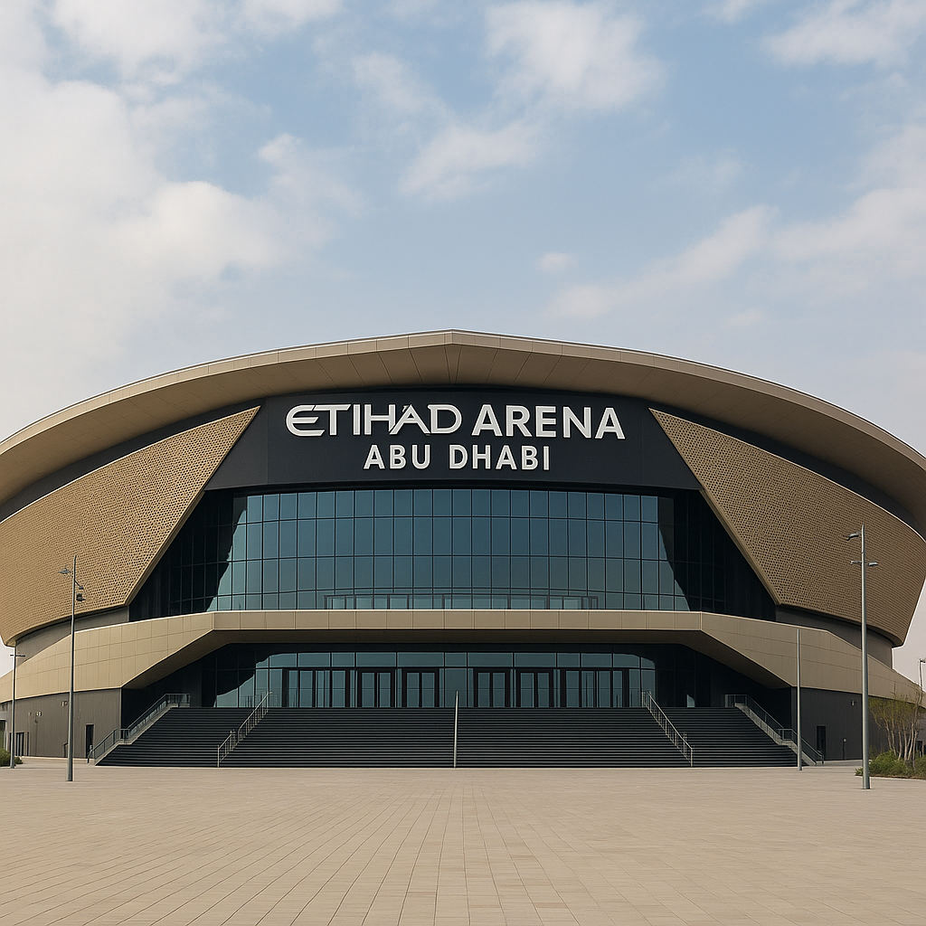 Front view of Etihad Arena in Abu Dhabi, showing its modern architectural design and wide entrance plaza.