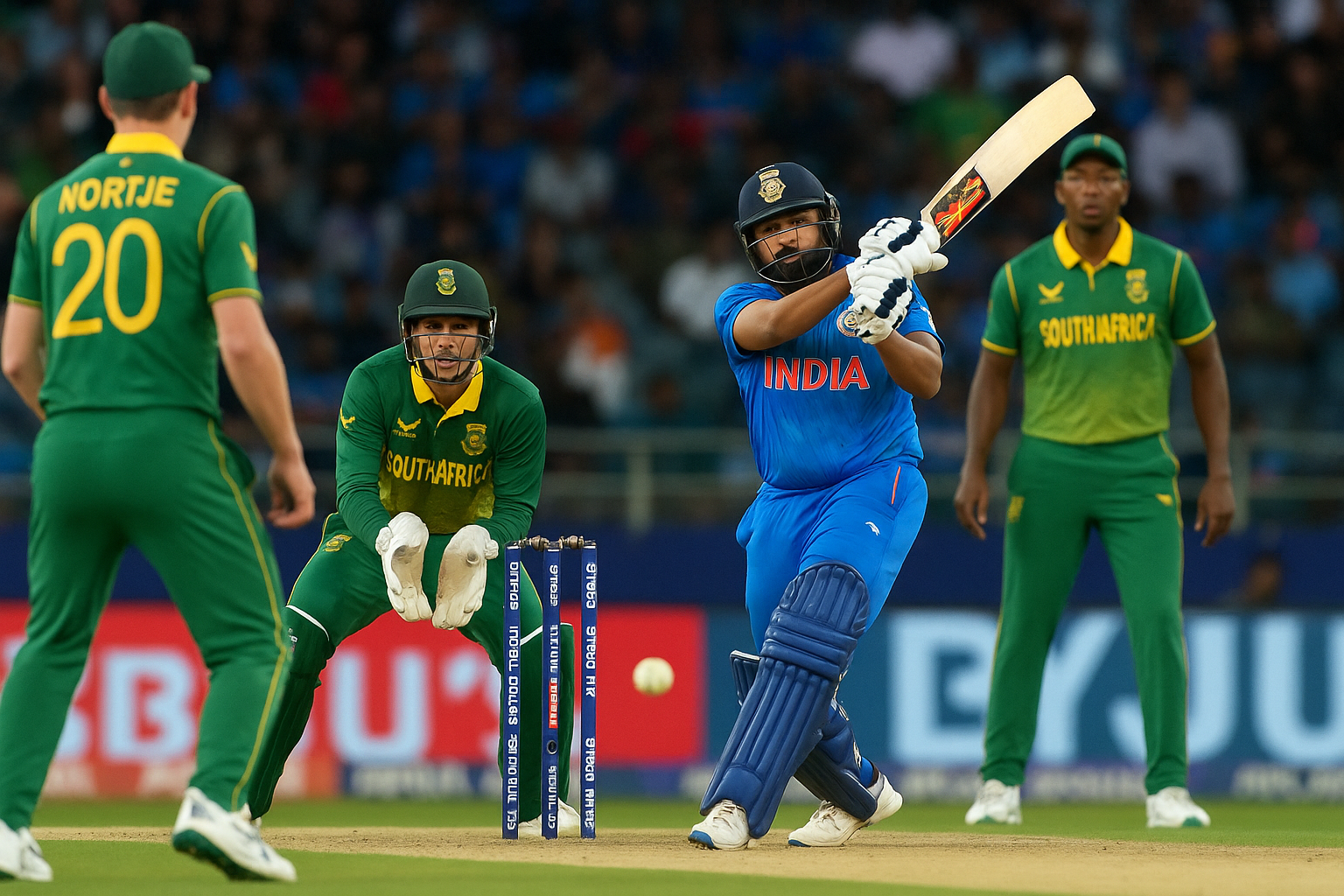 Rohit Sharma playing an attacking shot against South African bowlers during the India vs South Africa cricket match, with wicketkeeper and fielders in action.