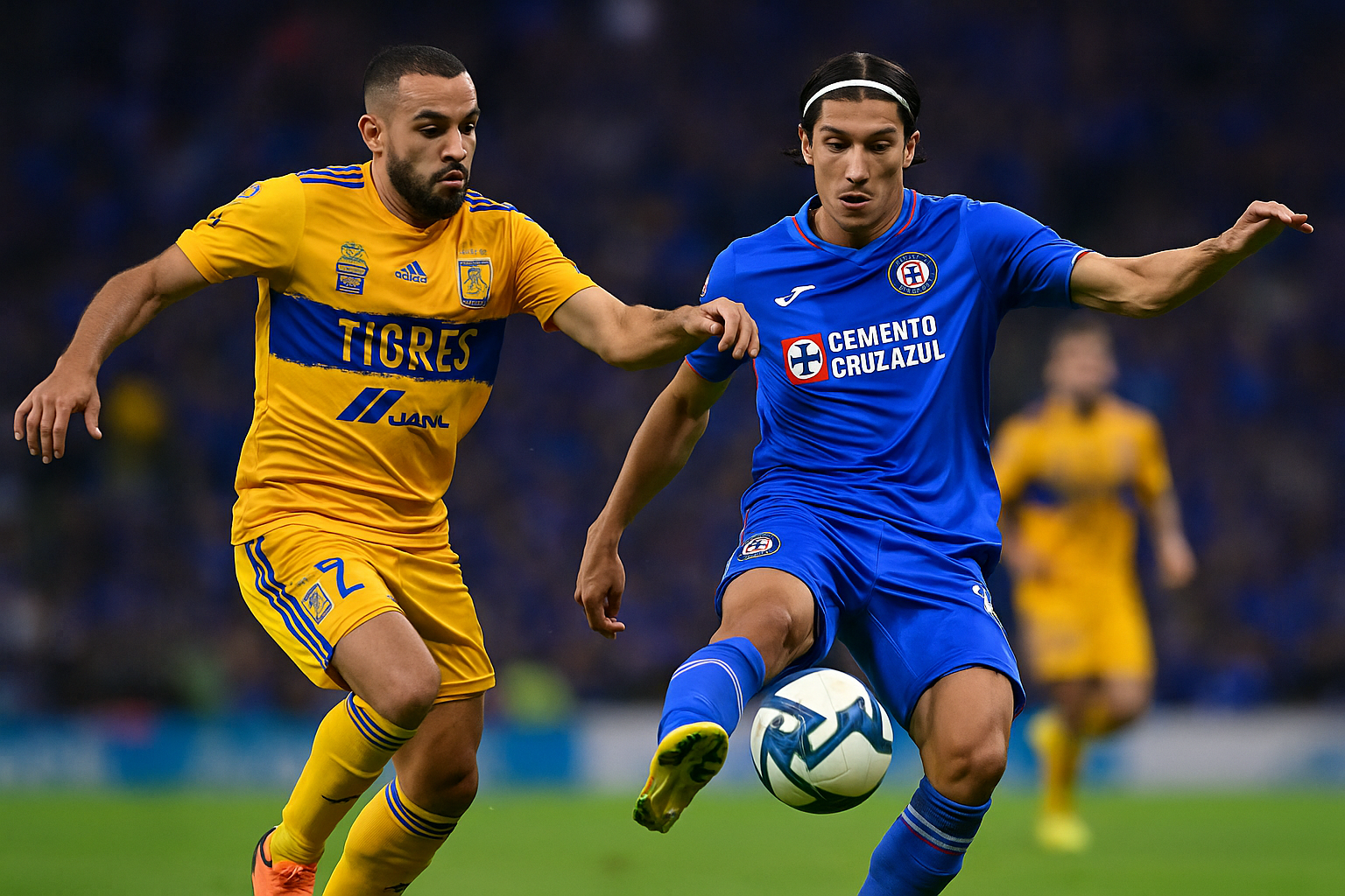 Cruz Azul and Tigres players battling for the ball during a Liga MX match, with both teams showing strong defensive and offensive movement on the field.