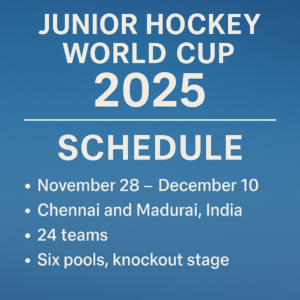 Digital news graphic announcing the 2025 Junior Hockey World Cup schedule, featuring hockey players, bold tournament branding, and official dates across blue and white themed visuals.