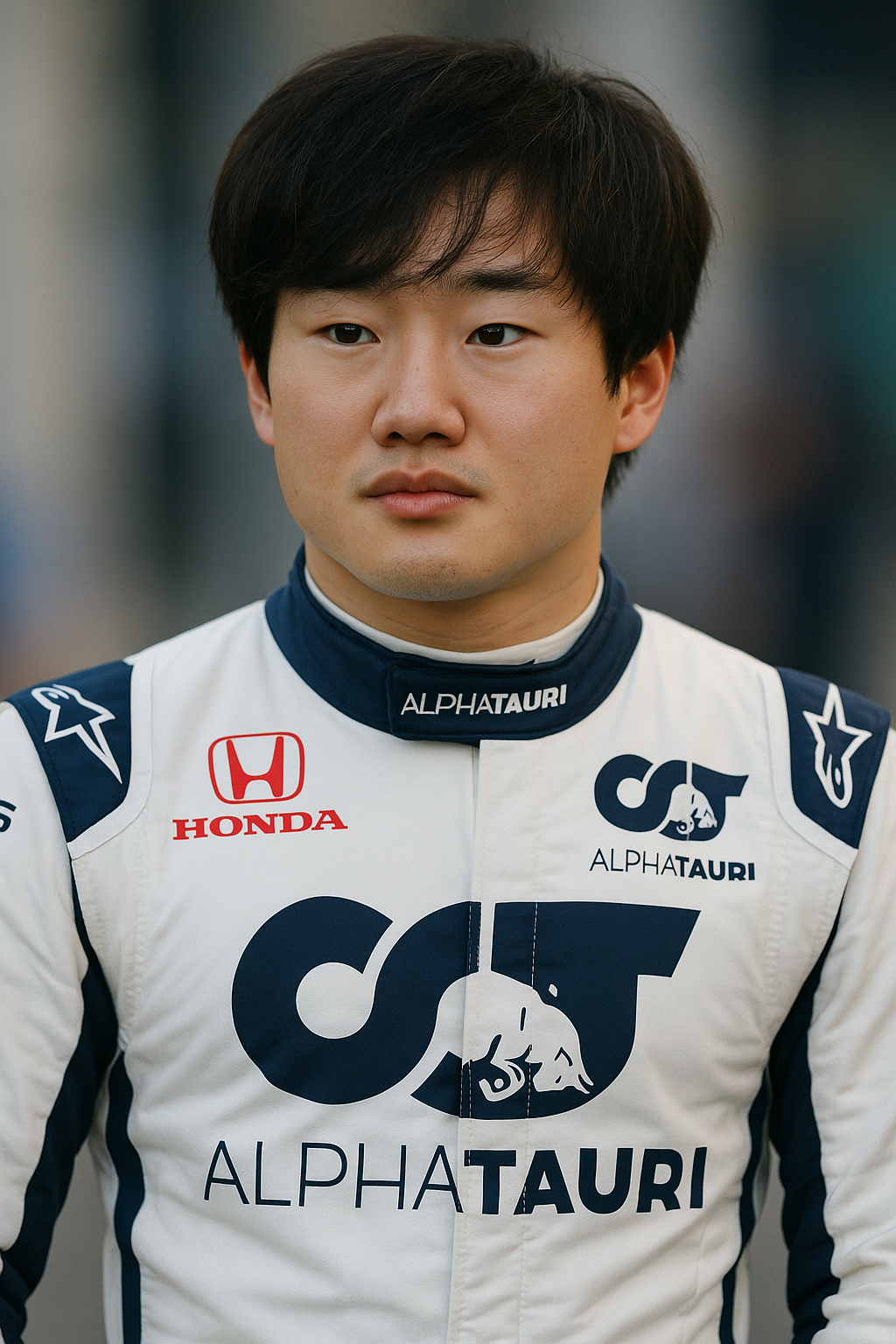 Yuki Tsunoda wearing his AlphaTauri Formula 1 racing suit, looking focused during a paddock appearance.