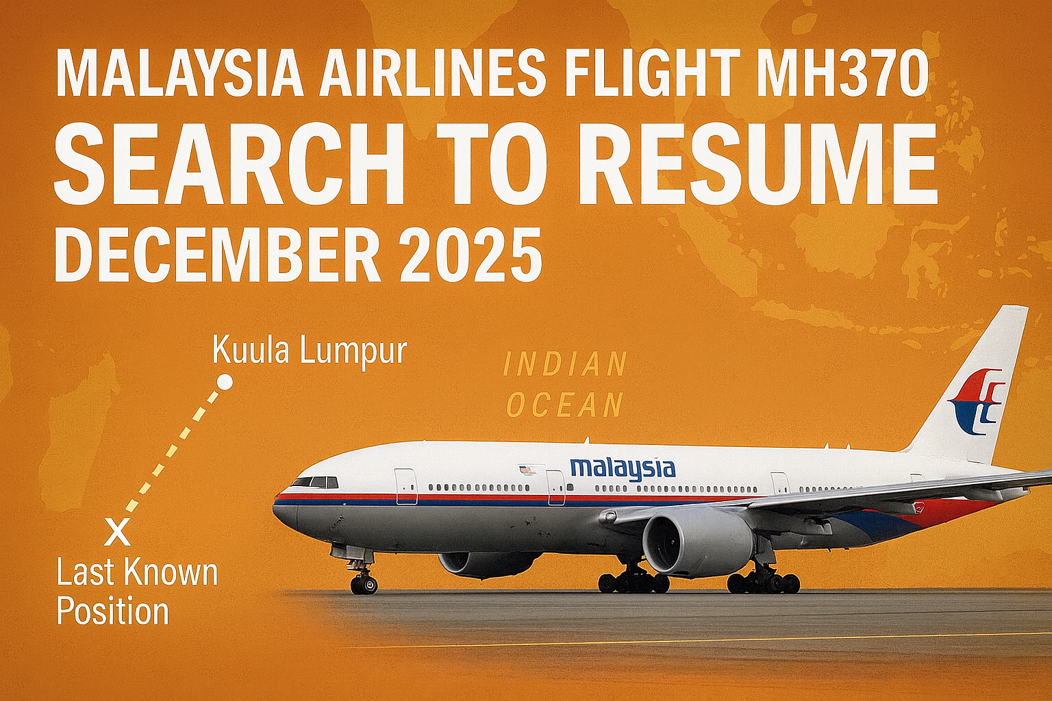 News graphic announcing the December 2025 resumption of the Malaysia Airlines Flight MH370 search, featuring an orange background, a Malaysia Airlines Boeing 777, and a map of the Indian Ocean with the last known position marked.