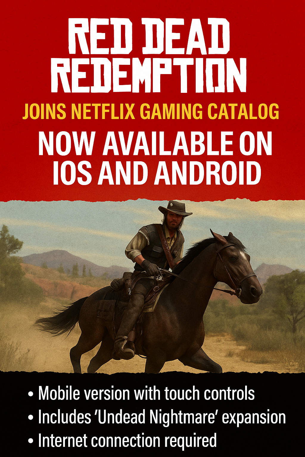 Promotional poster announcing Red Dead Redemption joining the Netflix Gaming catalog, showing John Marston riding a horse with key mobile release details.