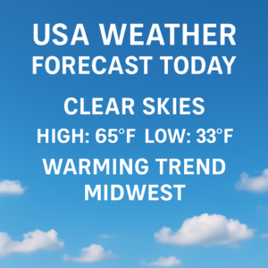 USA Weather Forecast Today graphic with clear blue sky, scattered clouds, and forecast details showing a high of 65°F, low of 33°F, and warming trend in the Midwest.