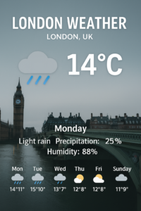 London weather forecast graphic showing light rain, 14°C temperature, humidity 88%, precipitation 25%, and a 7-day outlook with highs and lows for the week.
