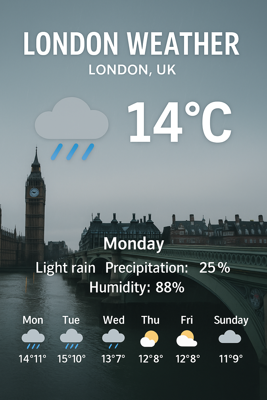 London weather forecast graphic showing light rain, 14°C temperature, humidity 88%, precipitation 25%, and a 7-day outlook with highs and lows for the week.