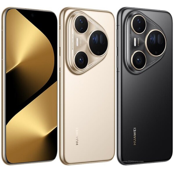 Front and rear views of Huawei Pura 80 series smartphones in gold and black colors showcasing the triple-camera design.