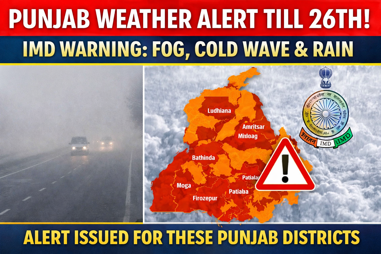 Punjab weather alert map showing dense fog and cold wave warning issued by the India Meteorological Department till the 26th