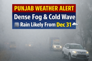 Dense fog and cold wave in Punjab as vehicles move on a low-visibility road during winter weather alert