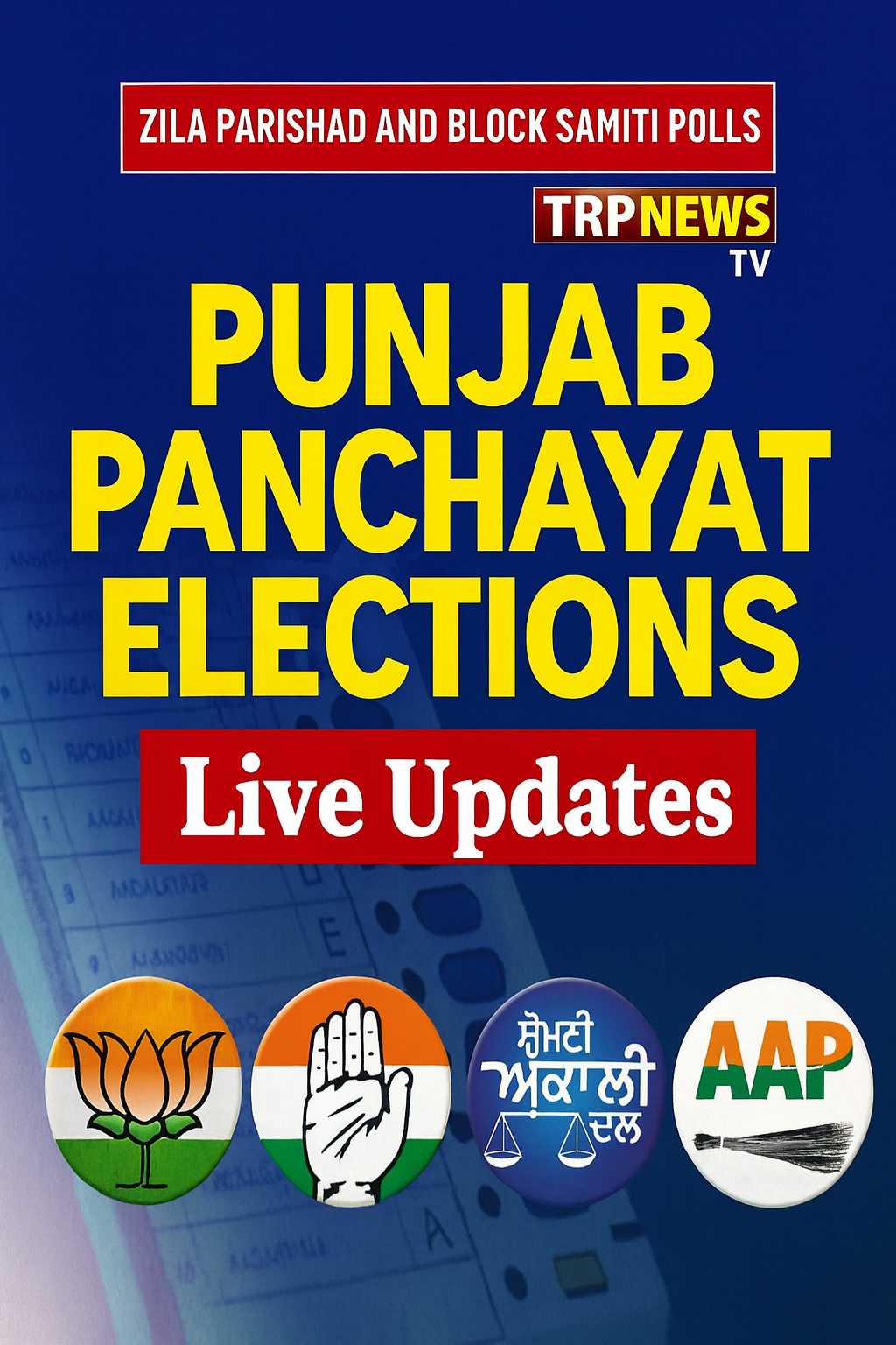 Poster showing Punjab Panchayat election live updates with Zila Parishad and Block Samiti results, featuring TRP News TV and major party symbols