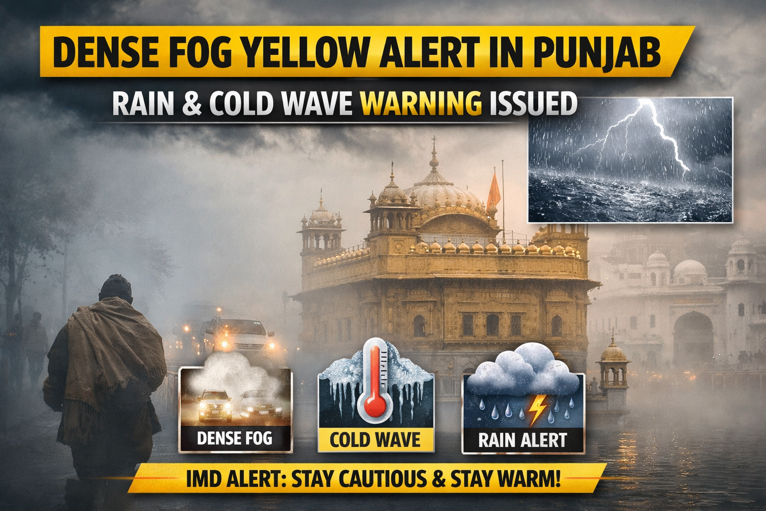 Dense fog yellow alert in Punjab showing Golden Temple, rain clouds, cold wave icons and foggy streets during winter weather warning.