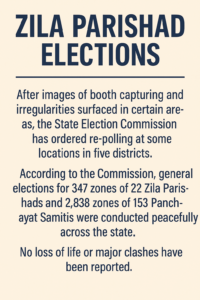 Zila Parishad and Block Samiti elections poster showing re-polling ordered after booth capturing and election irregularities in select districts.