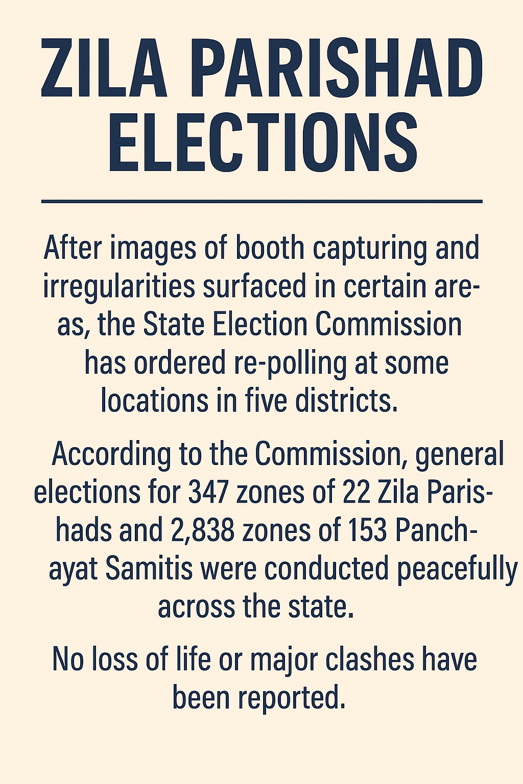 Zila Parishad and Block Samiti elections poster showing re-polling ordered after booth capturing and election irregularities in select districts.