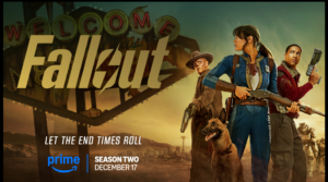 Fallout Season 2 poster featuring Lucy, The Ghoul, Maximus and New Vegas setting