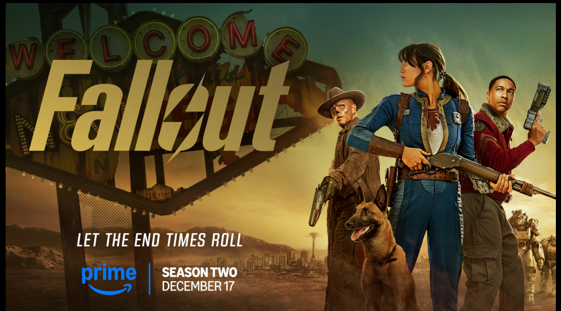 Fallout Season 2 poster featuring Lucy, The Ghoul, Maximus and New Vegas setting
