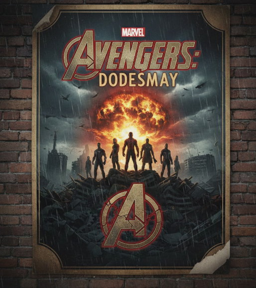 A dramatic movie poster showing silhouetted Avengers standing on rubble with a massive fiery explosion in the background and the Avengers logo below.