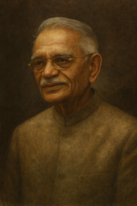 Portrait of an elderly Indian man wearing glasses and a traditional Nehru jacket, with a calm and dignified expression.