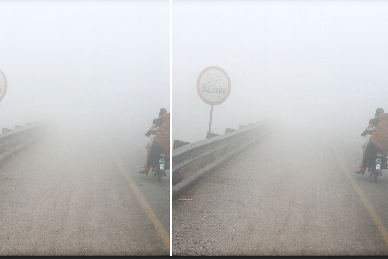 Motorcyclists riding slowly on a fog-covered North India road with very low visibility and a ‘SLOW’ sign barely visible.
