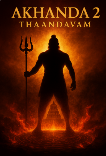Akhanda 2 Thaandavam 2025 poster featuring a divine warrior silhouette standing before a temple with blazing fire, golden spiritual energy, and dramatic smoke effects inspired by the film’s mythic atmosphere.