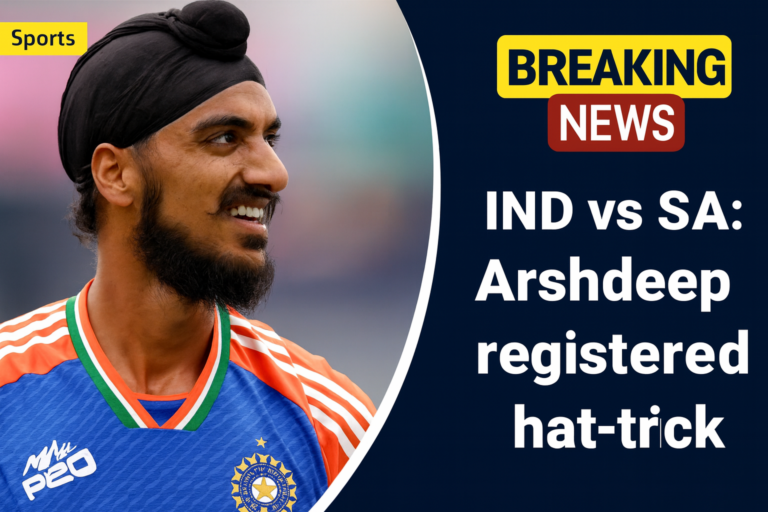 Indian fast bowler Arshdeep Singh celebrating after taking a hat-trick against South Africa in an IND vs SA T20 match