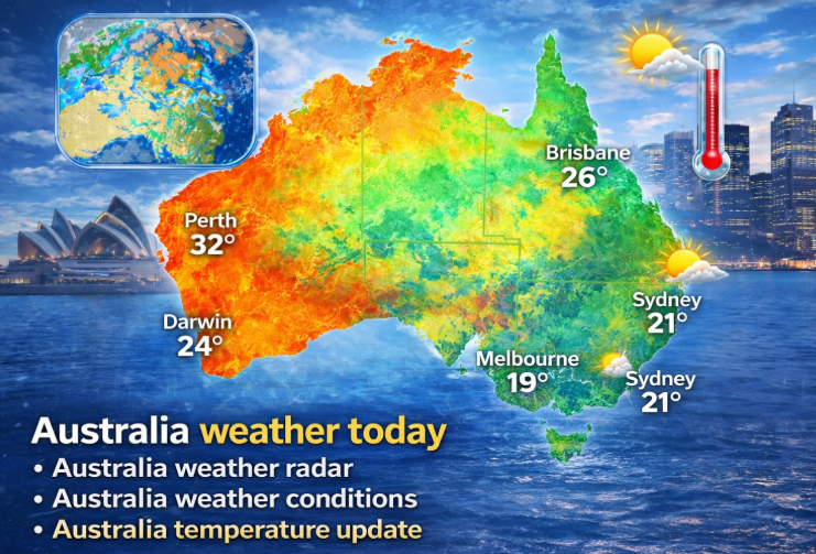 Color-coded weather map of Australia showing temperatures across major cities including Perth, Darwin, Brisbane, Sydney, and Melbourne, with heat intensity and weather icons.