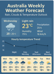 Australia Weekly Weather Forecast infographic showing light rain, sunshine, cloud cover, temperature trends, and a 7-day weather outlook across Australia.