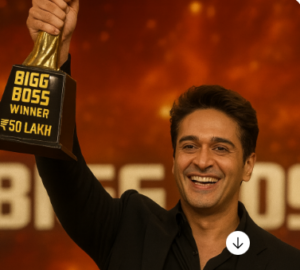 A smiling man dressed in a black suit raises the Bigg Boss 19 winner trophy worth ₹50 lakh against a glowing orange backdrop.