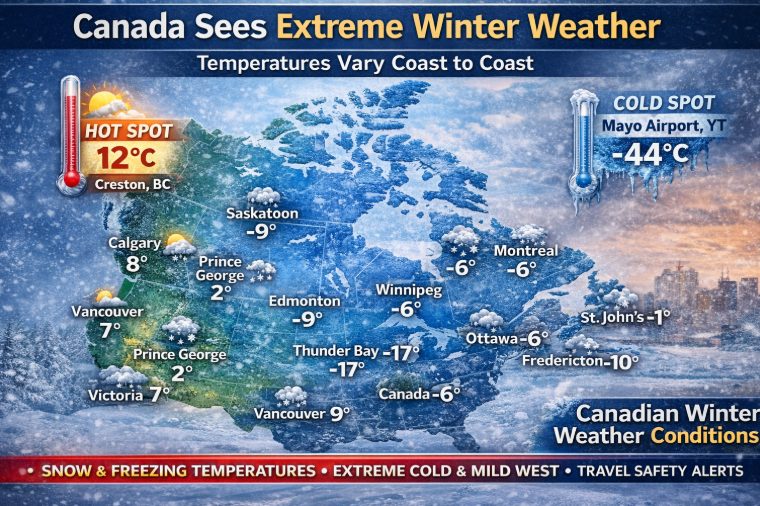 Map of Canada showing extreme winter temperatures, with a hot spot of 12°C in Creston, British Columbia, and a cold spot of −44°C at Mayo Airport in Yukon, along with snow and freezing conditions across major cities.