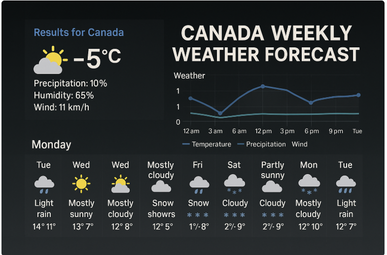 Canada weekly weather forecast chart with temperature trends, icons, and a black gradient background.