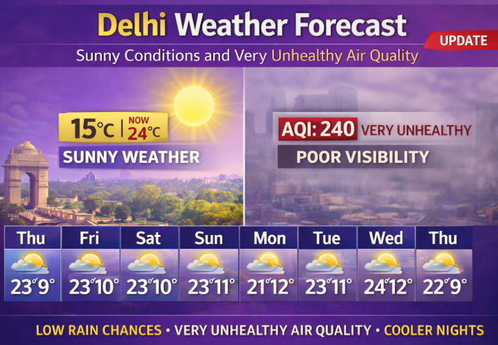 Delhi weather forecast showing sunny conditions, temperatures up to 24°C, very unhealthy air quality with AQI 240, and low rain chances