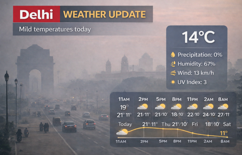 Weather forecast graphic for Delhi showing 14°C with 0% precipitation, 67% humidity, 13 km/h wind, and an hourly temperature trend over a hazy city background.