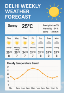 Delhi Weekly Weather Forecast infographic showing daily temperatures, sunny and cloudy icons, and an hourly temperature trend chart.