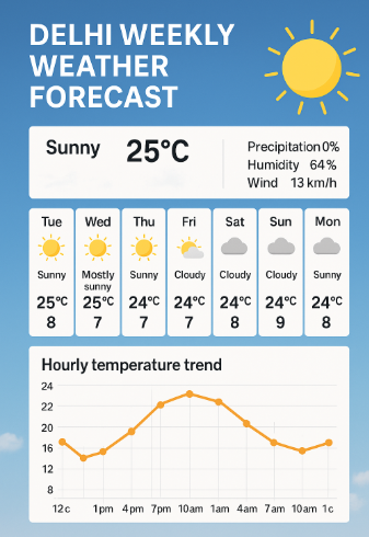 Delhi Weekly Weather Forecast infographic showing daily temperatures, sunny and cloudy icons, and an hourly temperature trend chart.