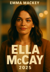 Ella McCay movie poster featuring a warm-toned close-up of a young woman in a brown coat, with bold cream text displaying the film title and 2025 release year.