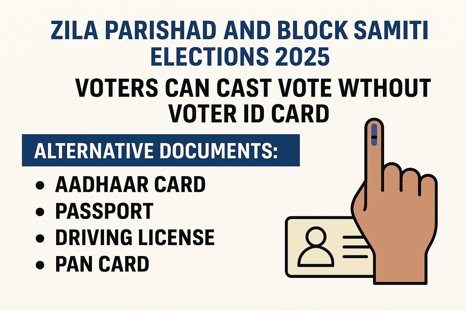 Graphic showing Zila Parishad and Block Samiti Elections 2025 with information on alternative documents allowed for voting without a voter ID card.